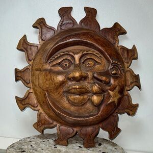 Handcrafted 3D Carved Wooden Celestial Sun and Moon Cosmic Wall Art Vintage 15”